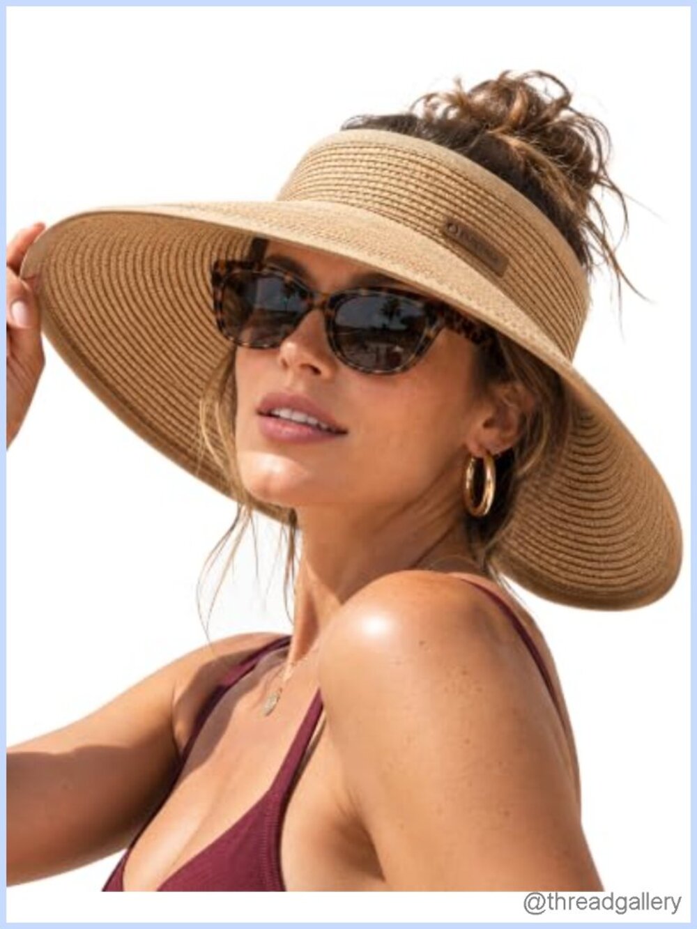 Women's Straw Sun Hat with Ponytail Hole Wide Brim Visor